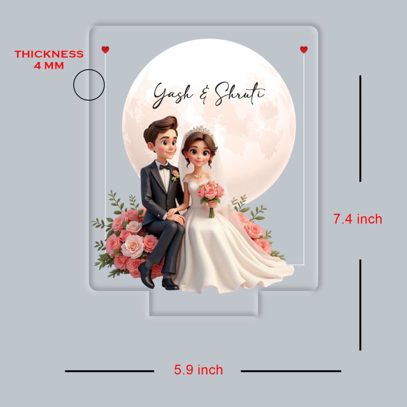 Personalized Wedding Couple LED Night Light with Moon and Roses, Color Changing Acrylic Lamp with Black Base Wedding Gift for Friends Customized Gifts for Couple